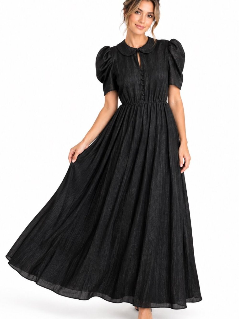 Girl Meets Glam Women's Size 4 Black Maxi Dress Peter Pan Collar Puff Sleeve